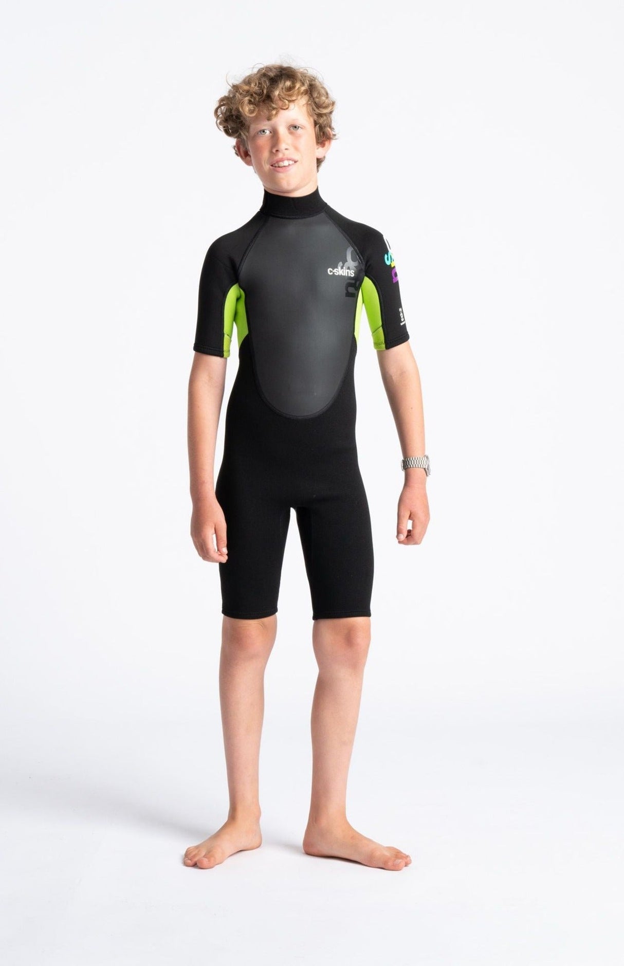 C-Skins Junior Element 3/2 Shortie - Black/Lime/Multi-Kids Wetsuits-troggs.com