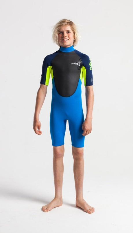 C-Skins Junior Element 3/2 Shortie - Cyan/Yellow/Navy-Kids Wetsuits-troggs.com