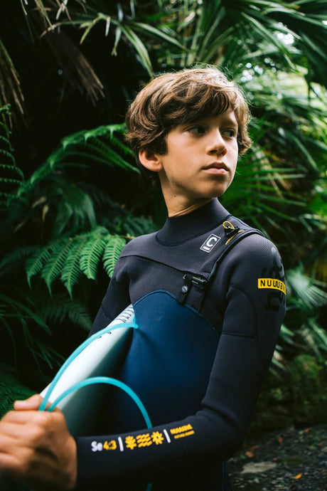 C-Skins Junior NuWave Session 4/3 Chest Zip Wetsuit - Bluestone/Meteor/Saffron-Kids Wetsuits-troggs.com