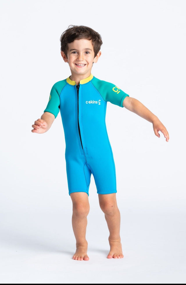 C-Skins Toddler C-Kid Front Zip Shortie - Cyan/Green/Aurora Yellow-Kids Wetsuits-troggs.com