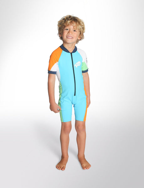 C-Skins Toddler UV Front Zip Shortie Sunsuit - Turquoise/Orange/Green-Rash Vests & Thermal Vests-troggs.com