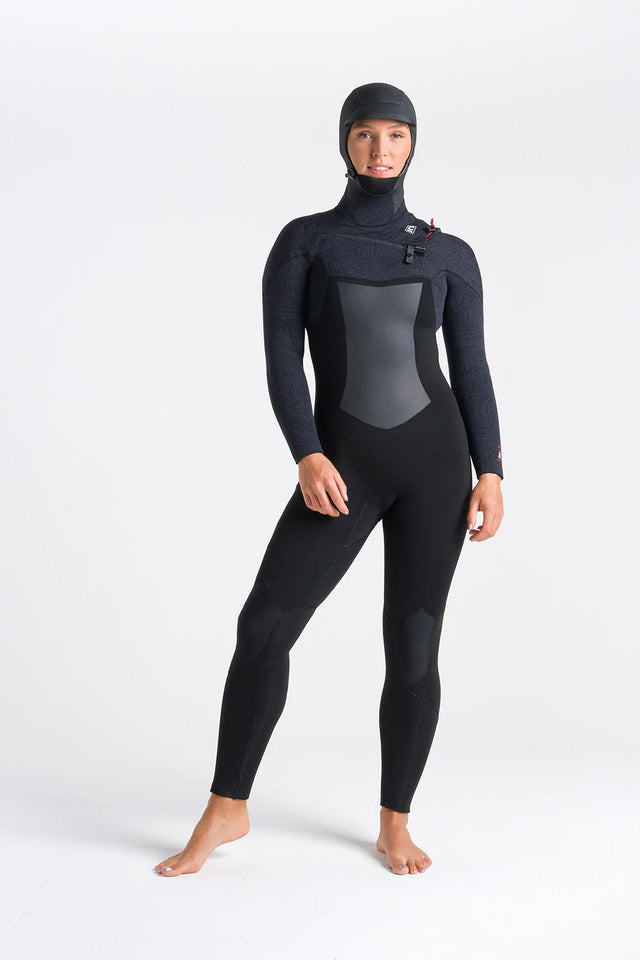 C-Skins Womens ReWired 6/5 Hooded Wetsuit - Black X Shade/ Crimson-Womens Wetsuits-troggs.com