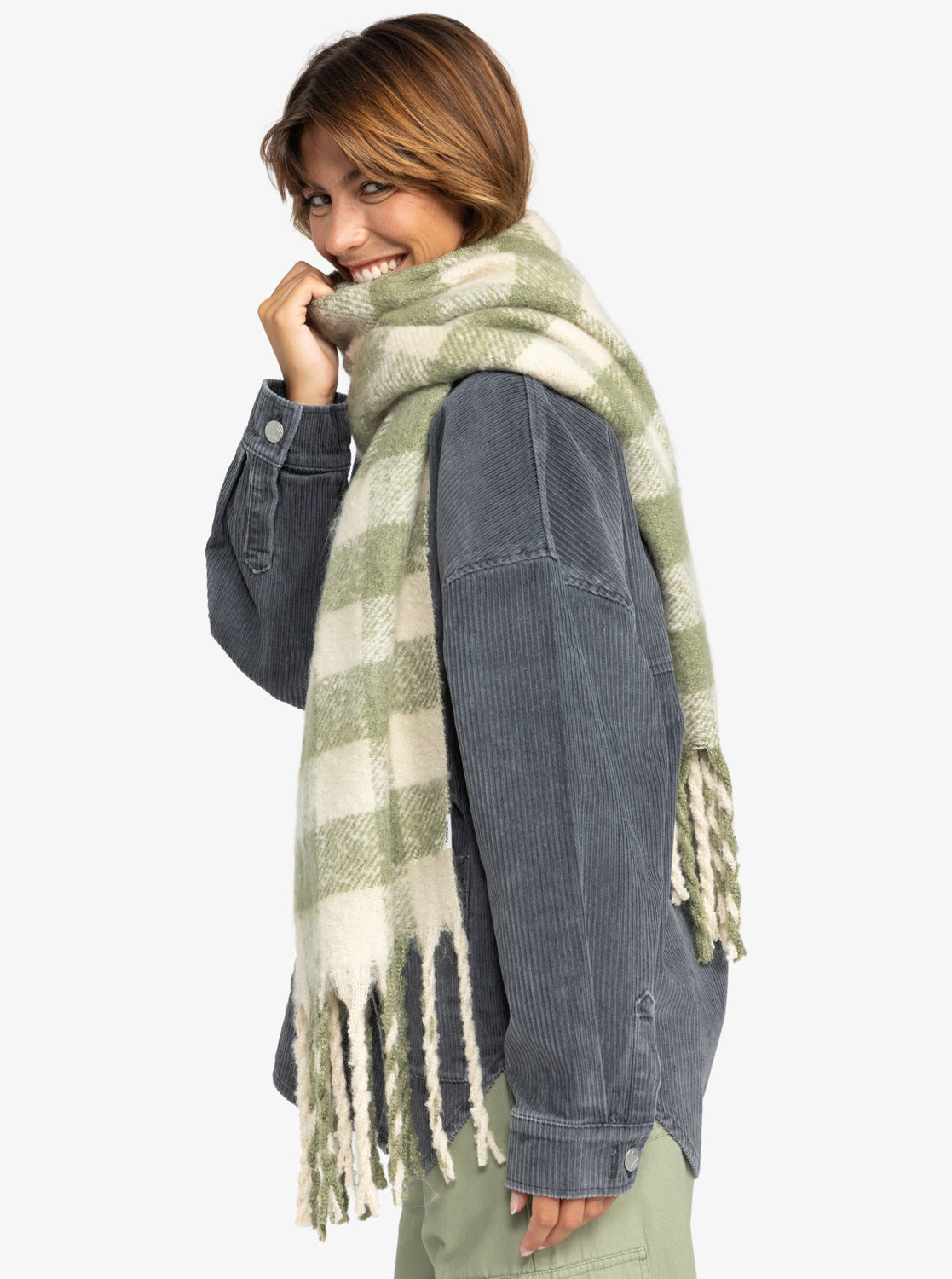 Roxy Cute Blush Plaid Scarf - Oil Green Be Bold Plaid